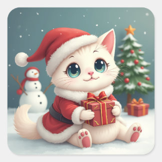 White Christmas Cat Button Square Sticker