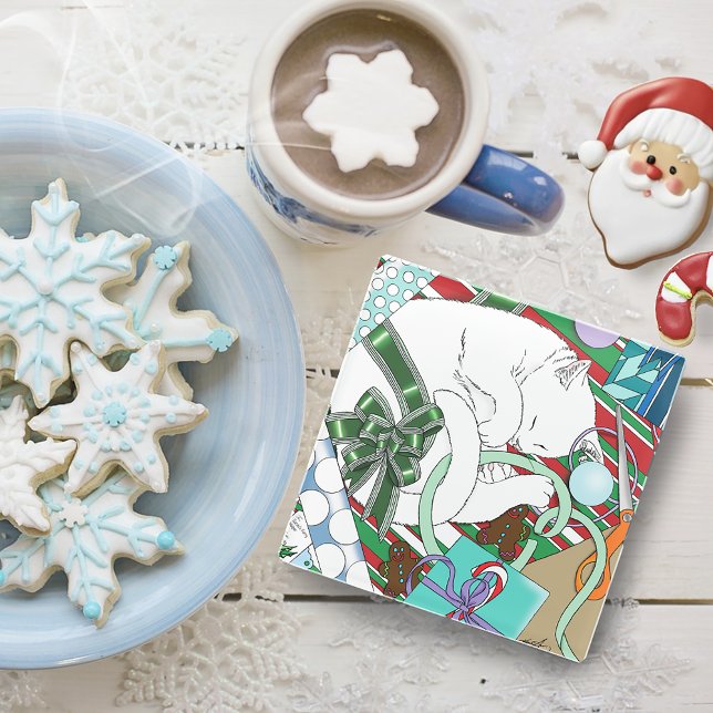 White Christmas Cat Glass Coaster (Creator Uploaded)