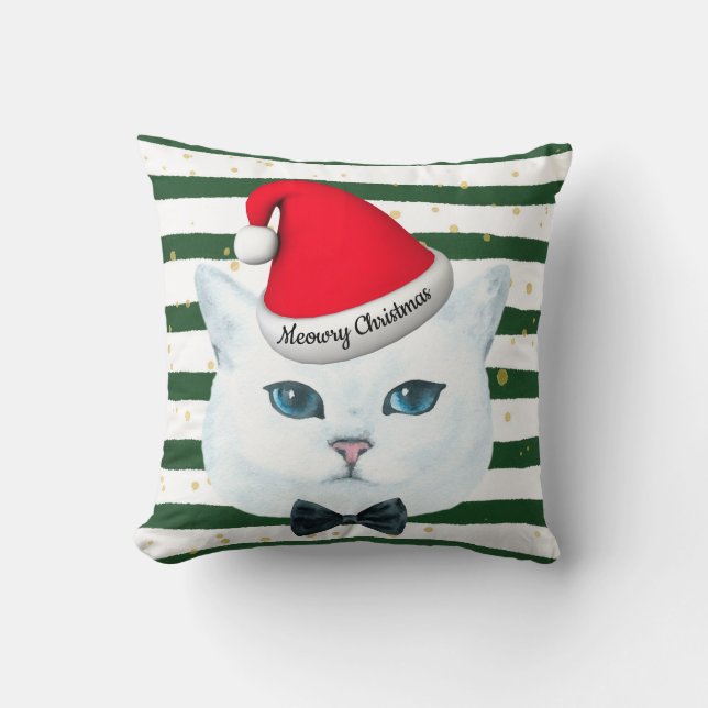 White Christmas Cat Green Stripe Accent Pillow (Front)