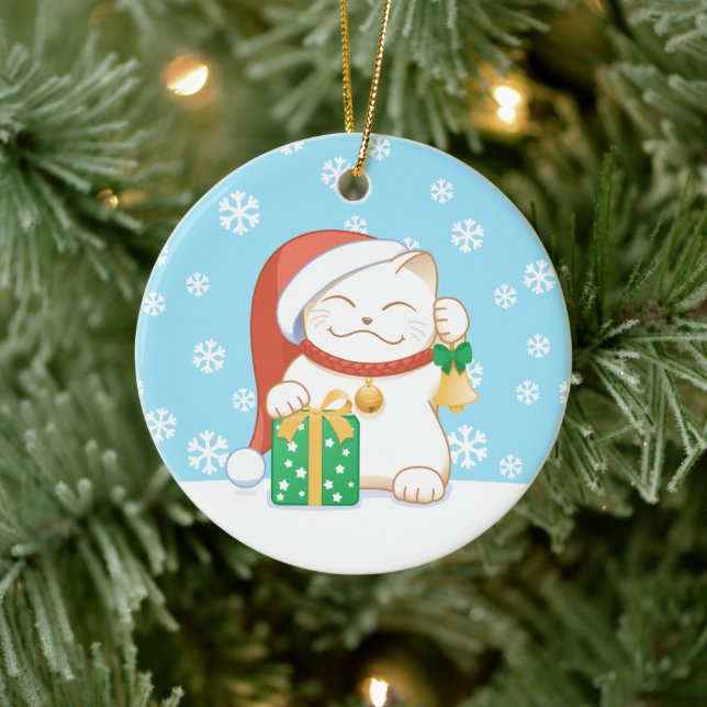 White Christmas Cat in a Red Hat Ceramic Ornament (Tree)