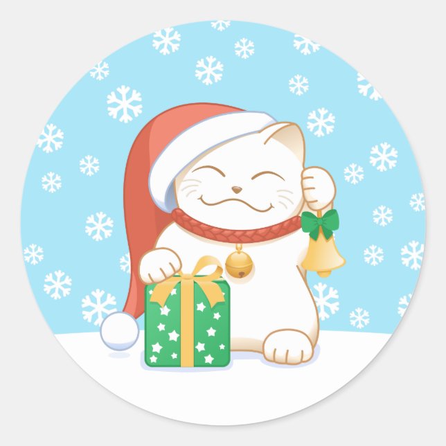 White Christmas Cat in a Red Hat Classic Round Sticker (Front)