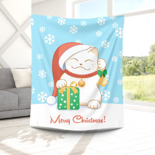 White Christmas Cat in a Red Hat Fleece Blanket