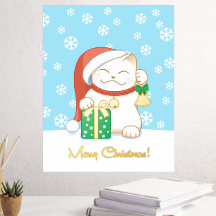 White Christmas Cat in a Red Hat Foil Prints