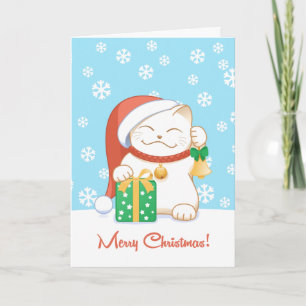 White Christmas Cat in a Red Hat Holiday Card