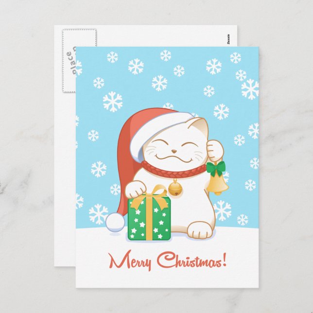 White Christmas Cat in a Red Hat Holiday Postcard (Front/Back)