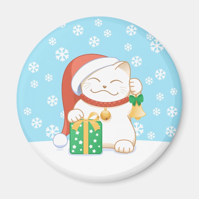 White Christmas Cat in a Red Hat Magnet (Front)