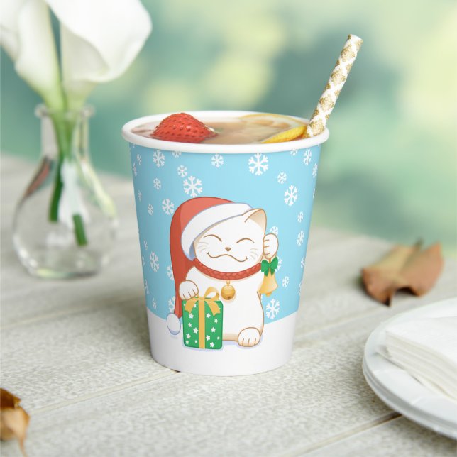 White Christmas Cat in a Red Hat Paper Cups (Insitu)