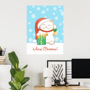 White Christmas Cat in a Red Hat Poster