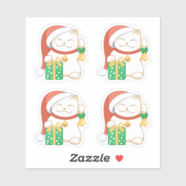 White Christmas Cat in a Red Hat Set of 4 (Sheet)