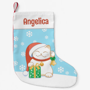 White Christmas Cat in a Red Hat Small Christmas Stocking