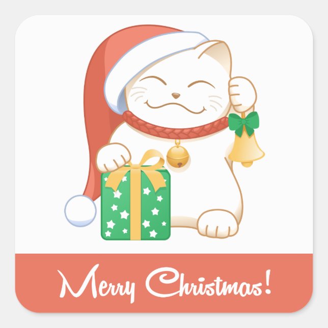 White Christmas Cat in a Red Hat Square Sticker (Front)