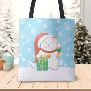 White Christmas Cat in a Red Hat Tote Bag