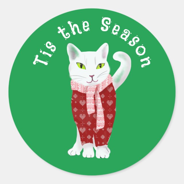  White Christmas Cat In Holiday Sweater Custom  Classic Round Sticker (Front)