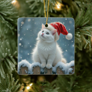 White Christmas Cat On a Fence Ceramic Ornament