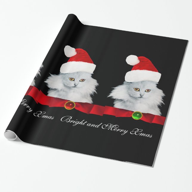 WHITE CHRISTMAS CAT,SANTA CLAUS HAT AND RED RIBBON WRAPPING PAPER (Unrolled)