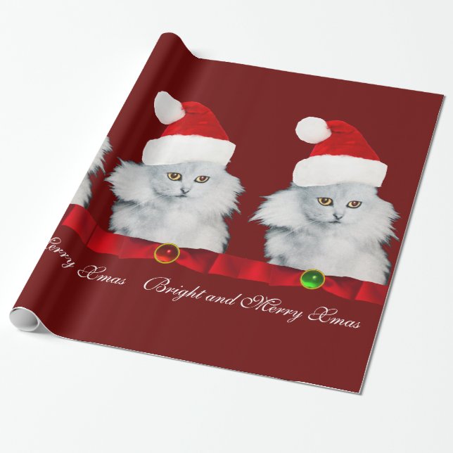 WHITE CHRISTMAS CAT,SANTA CLAUS HAT AND RED RIBBON WRAPPING PAPER (Unrolled)