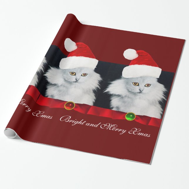 WHITE CHRISTMAS CAT,SANTA CLAUS HAT AND RED RIBBON WRAPPING PAPER (Unrolled)