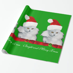 WHITE CHRISTMAS CAT,SANTA CLAUS HAT AND RED RIBBON WRAPPING PAPER