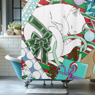 White Christmas Cat Shower Curtain