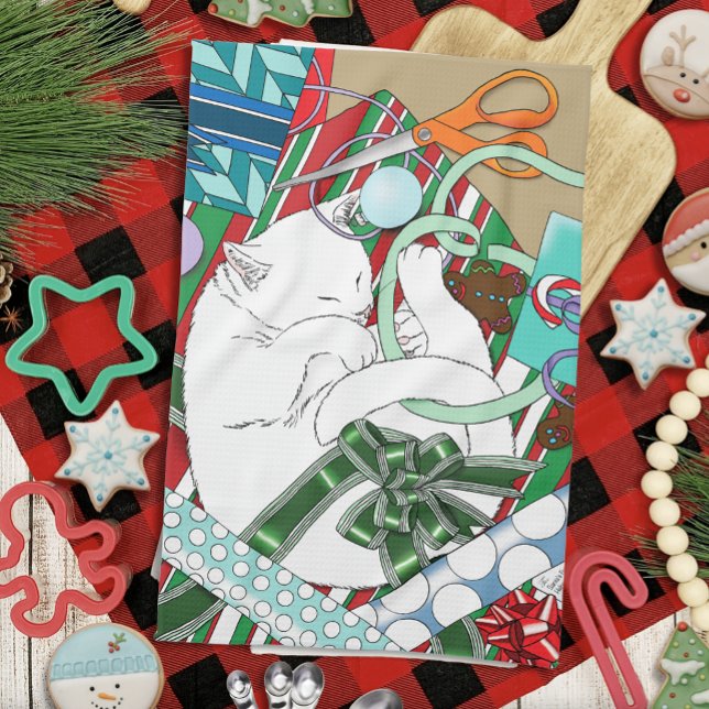 White Christmas Cat Tea Towel (Creator Uploaded)