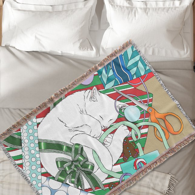 White Christmas Cat Throw Blanket (Creator Uploaded)