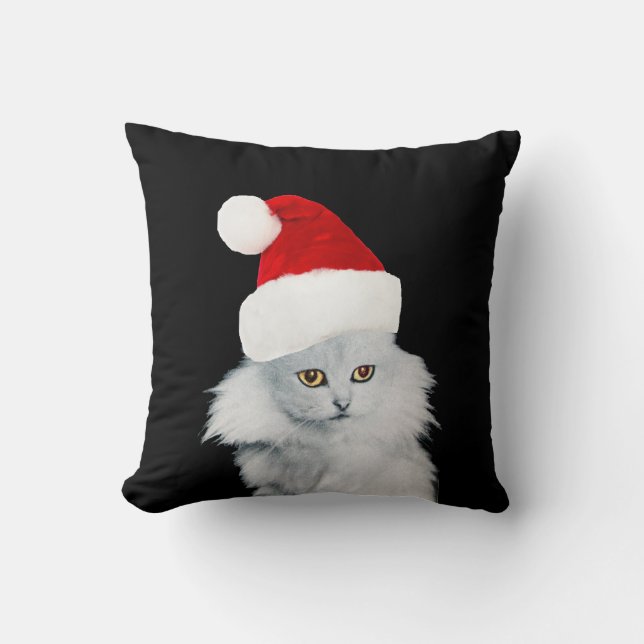 WHITE CHRISTMAS CAT WITH SANTA CLAUS HAT CUSHION (Front)