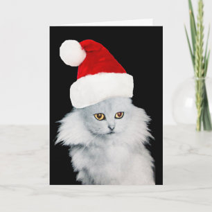 WHITE CHRISTMAS CAT WITH SANTA CLAUS HAT HOLIDAY CARD