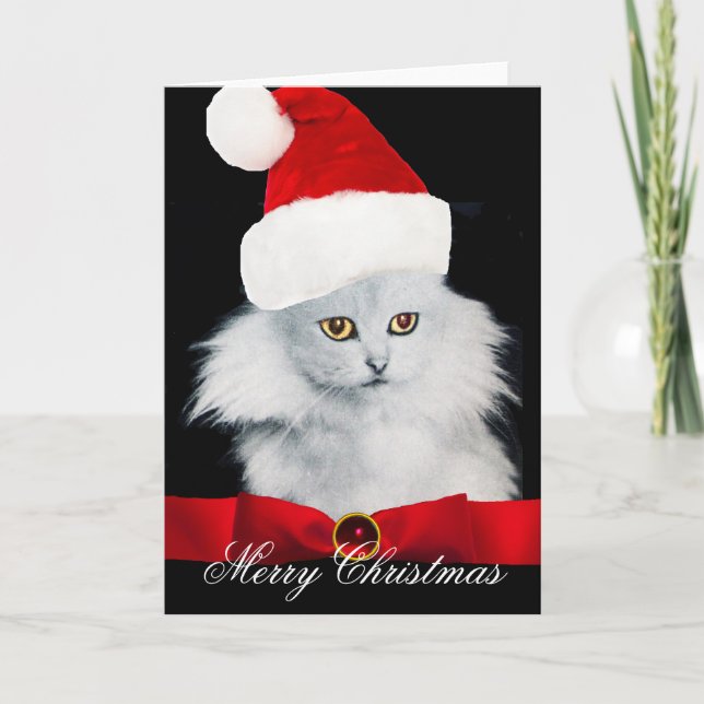 WHITE CHRISTMAS CAT WITH SANTA CLAUS HAT HOLIDAY CARD (Front)