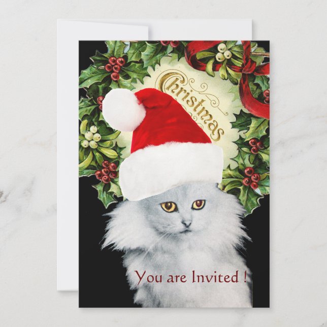WHITE CHRISTMAS CAT WITH SANTA CLAUS HAT INVITATION (Front)
