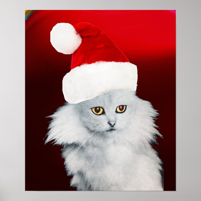 WHITE CHRISTMAS CAT WITH SANTA CLAUS HAT ,Red Ruby Poster (Front)
