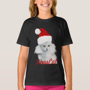 WHITE CHRISTMAS CAT WITH SANTA CLAUS HAT T-Shirt