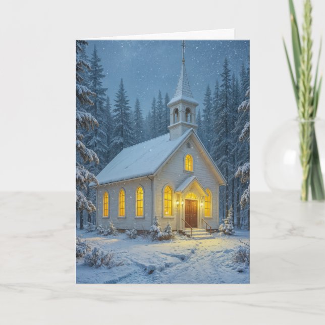 White Christmas Chapel In Snowflakes Holiday Card (Front)