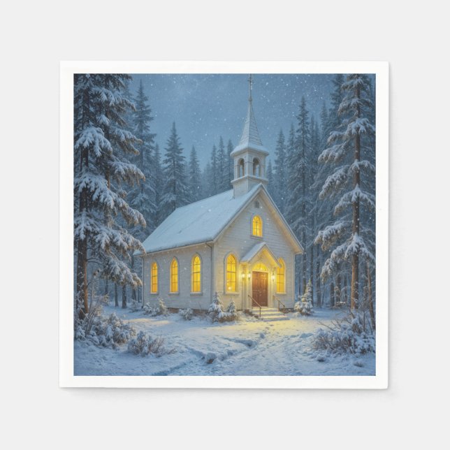 White Christmas Chapel In Winter Pines Napkin (Front)