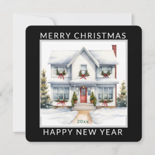 White Christmas Decorated House, Editable Holiday Card