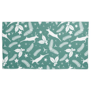 White Christmas deer and Christmas holly on green Pillowcase