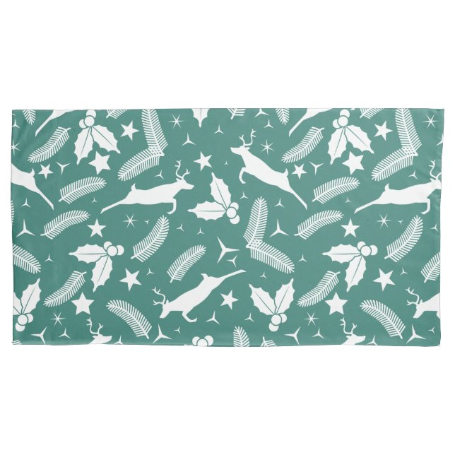 White Christmas deer and Christmas holly on green Pillowcase (Front)