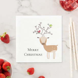 White Christmas Deer with Birds Napkin
