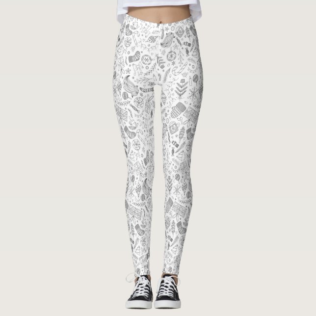 White Christmas Doodles Leggings (Front)