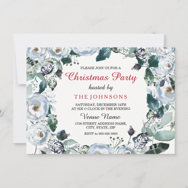White Christmas Elegant Floral Xmas Party Invite (Front)