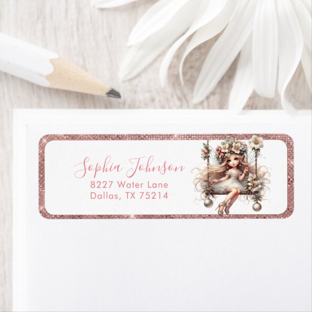 White Christmas Fairy on Pink Return Address Label (Insitu)