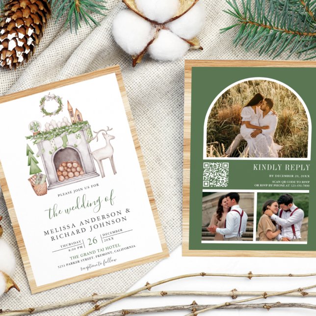 White Christmas Fireplace QR Code Wedding Invitation (Creator Uploaded)