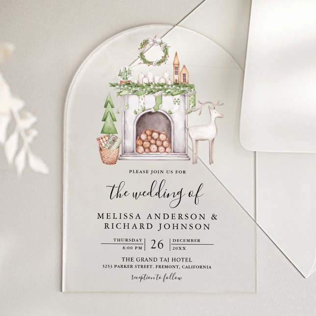 White Christmas Fireplace Wedding Acrylic Invitations (Creator Uploaded)