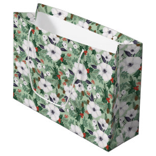 White Christmas flowers and red berries pattern Large Gift Bag