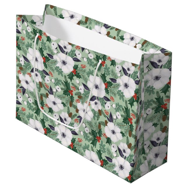  White Christmas flowers and red berries pattern  Large Gift Bag (Front Angled)