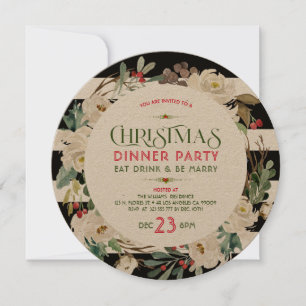 White Christmas Flowers Wreath & Stripes Pattern Invitation