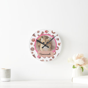 white christmas holiday Custom cat Photo Round Clock