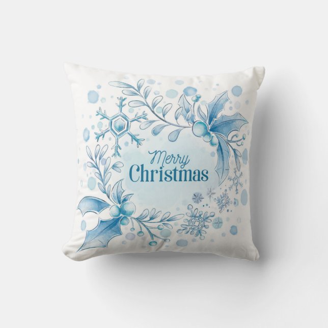 White Christmas Holly Snowflakes Cushion (Front)