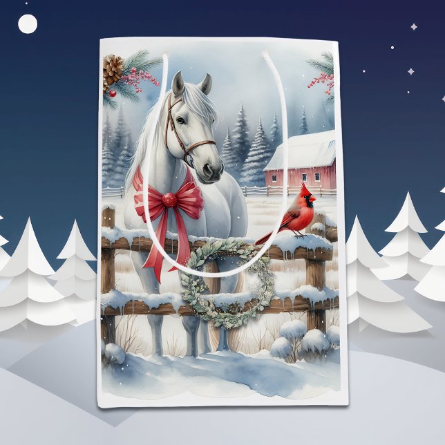 White Christmas Horse and Cardinal  Medium Gift Bag (Creator Uploaded)