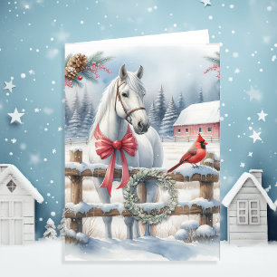 White Christmas Horse and Cardinal Personalised Holiday Card