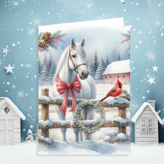 White Christmas Horse and Cardinal Personalised Holiday Card